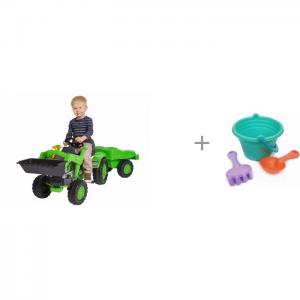 Педальный трактор с прицепом и игрушки для песочницы: ведёрко, лопатка грабельки BIG