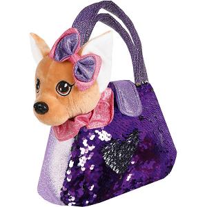 Мягкая игрушка  Щенок в сумочке с пайетками, 19 см, фиолетовая Fluffy Family. Цвет: braun/lila